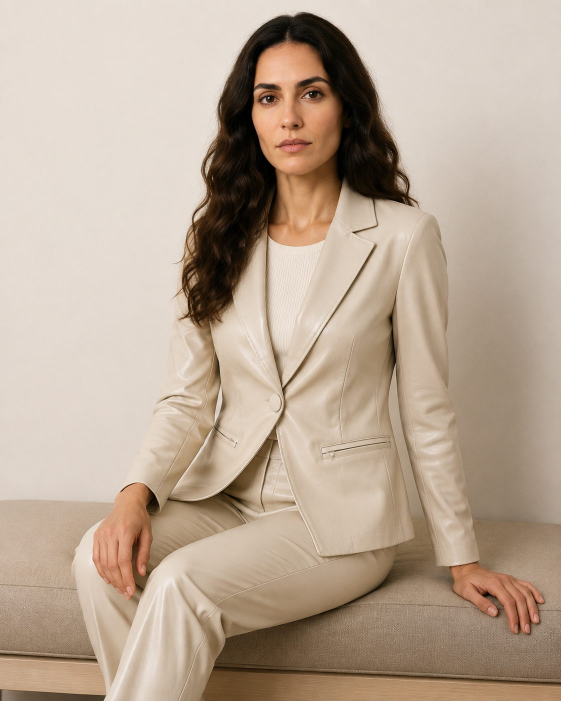 Women's Cropped Faux Leather Blazer with Lapel Collar in Beige, 03 seated or leaning, worn by model