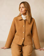 Women's Cropped Button-Front Woolen Jacket for Layering in Camel, 03 seated or leaning, worn by model