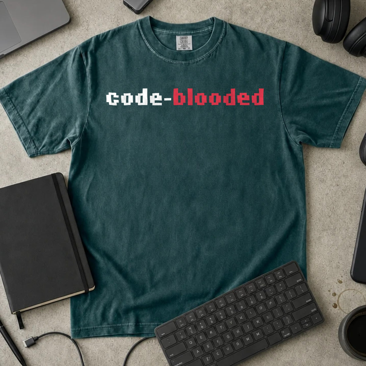 Code Blooded Shirt in Blue Spruce, Comfort Colors 1717 tee flat lay