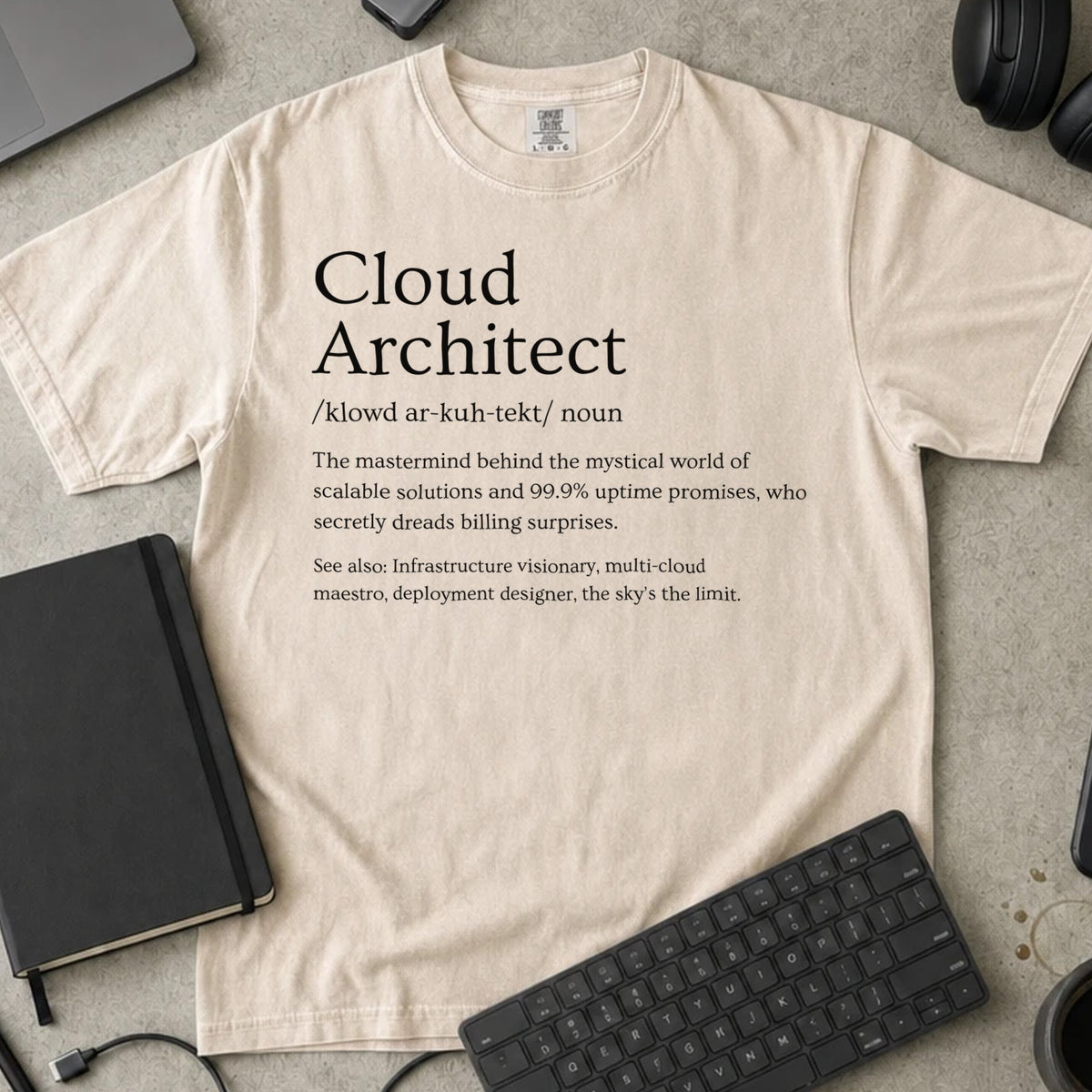 Cloud Architect Definition Shirt in Ivory, Comfort Colors 1717 tee flat lay