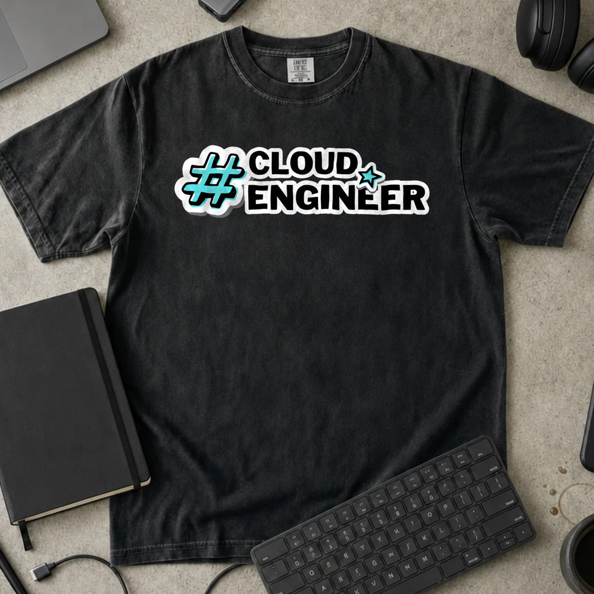 Cloud Engineer Hashtag Shirt in Black, Comfort Colors 1717 tee flat lay