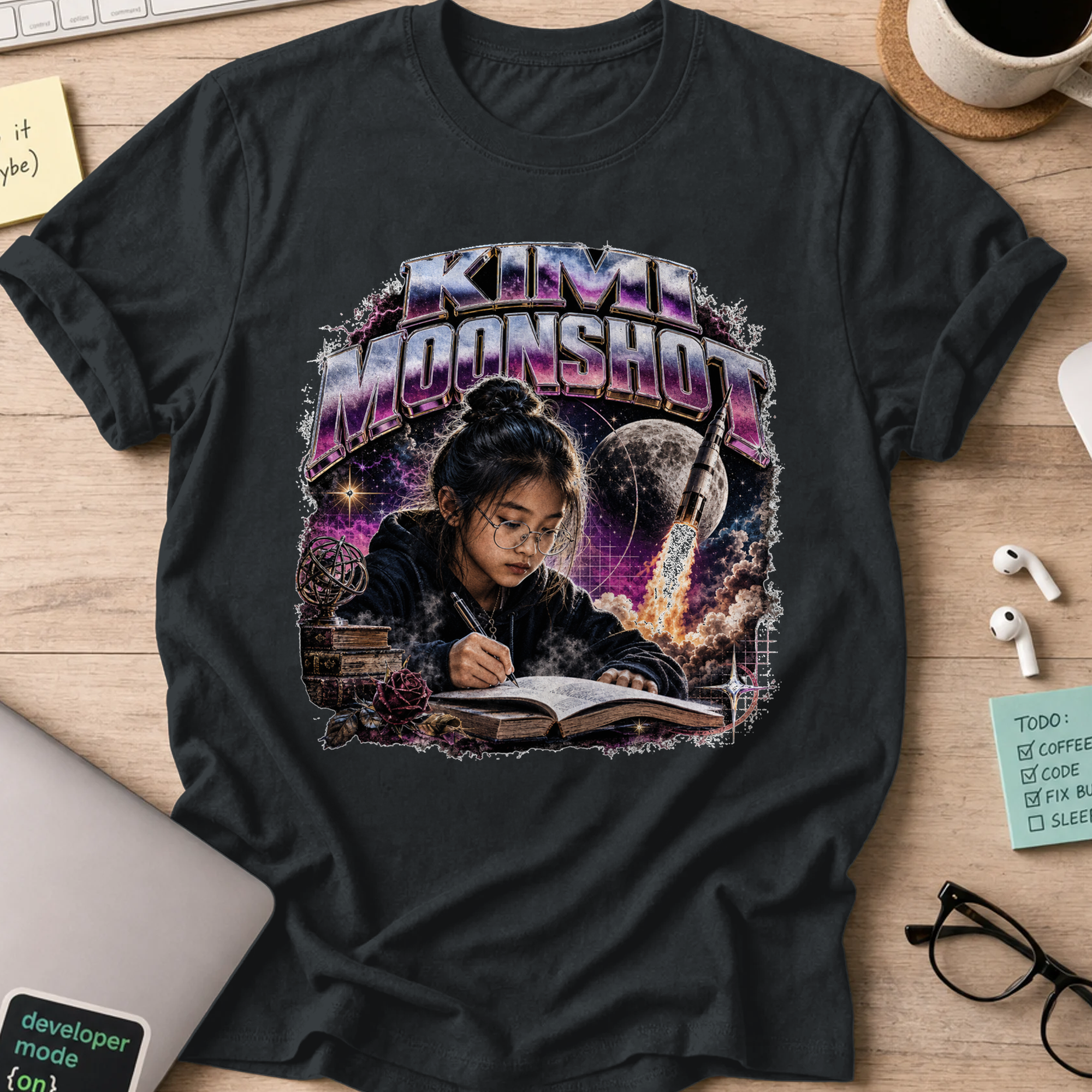 Mini Moonshot Cosmic Retro Shirt — Black storefront mockup