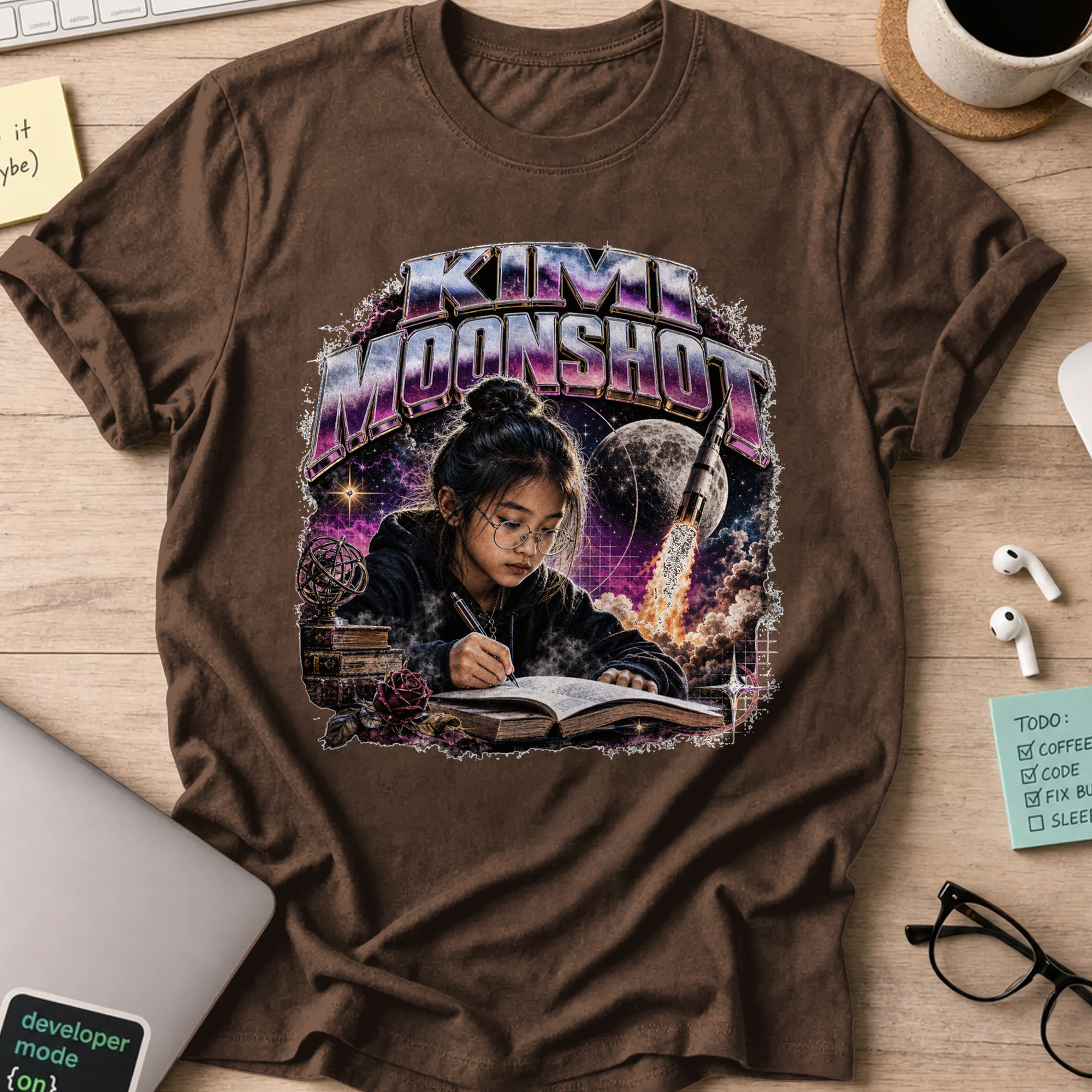 Mini Moonshot Cosmic Retro Shirt — Dark Chocolate storefront mockup