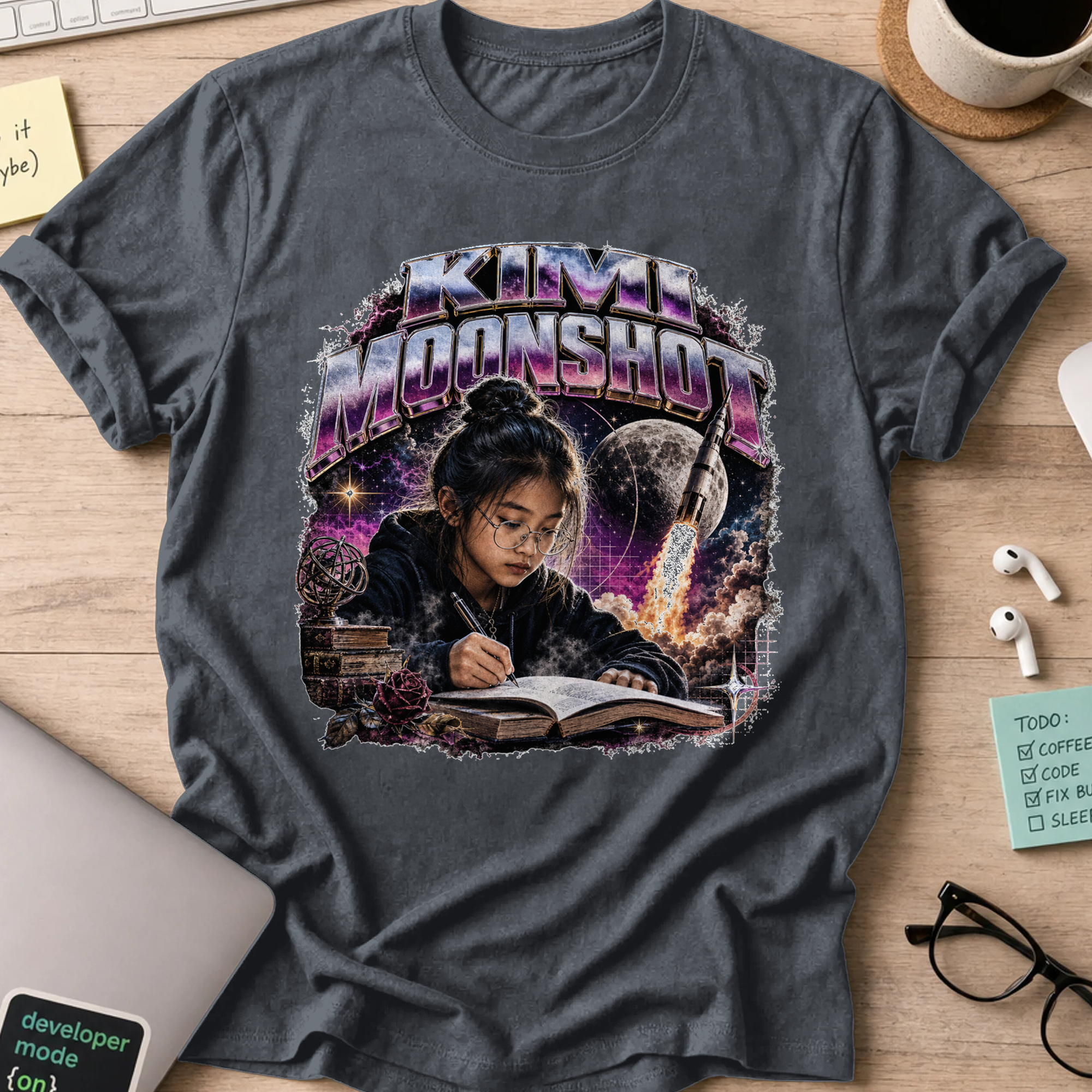 Mini Moonshot Cosmic Retro Shirt — Dark Heather storefront mockup