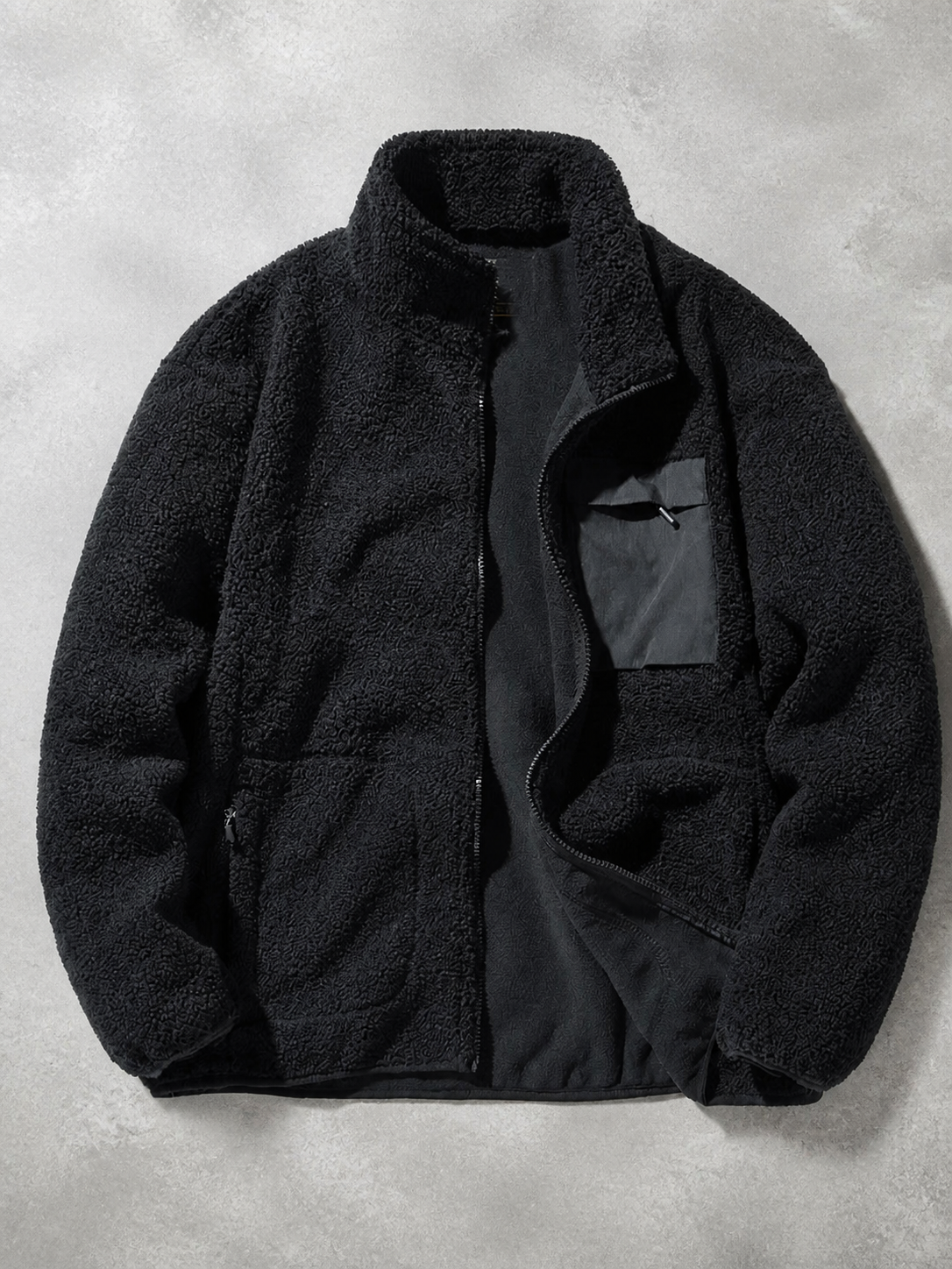 Code Culture catalog | mens-cardigan-fleece-outdoor-polar-fleece-jacket | black | macro flat lay