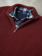 Code Culture catalog | mens-business-casual-loose-zip-stand-collar-sweater | red | macro flat lay