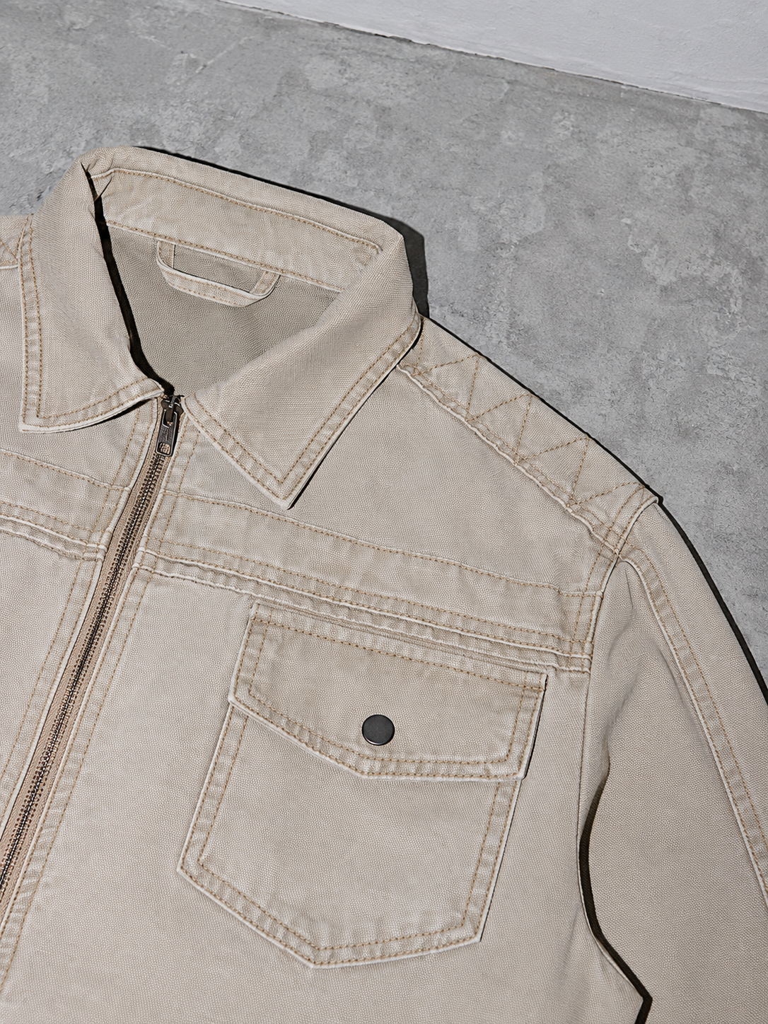 Code Culture catalog | retro-short-zip-up-washed-workwear-jacket | color-light-apricot | macro flat lay