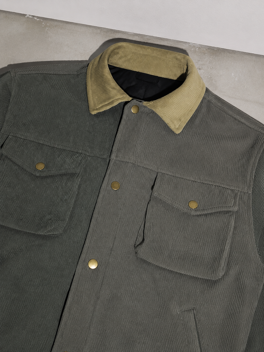 Code Culture catalog | asymmetric-color-contrast-patchwork-workwear-jacket | color-gray | macro flat lay
