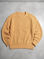 Code Culture catalog | mens-solid-color-long-sleeve-round-neck-fashion-sweater-loose-retro-sweater | khaki | macro flat lay