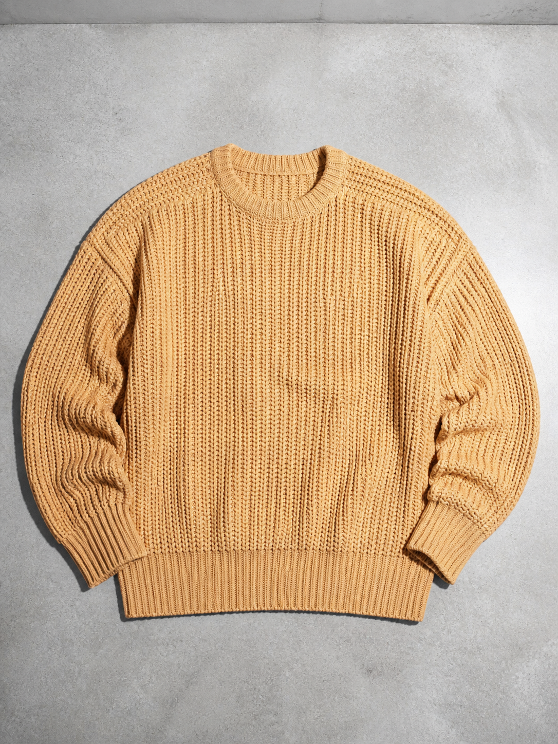 Code Culture catalog | mens-solid-color-long-sleeve-round-neck-fashion-sweater-loose-retro-sweater | khaki | macro flat lay