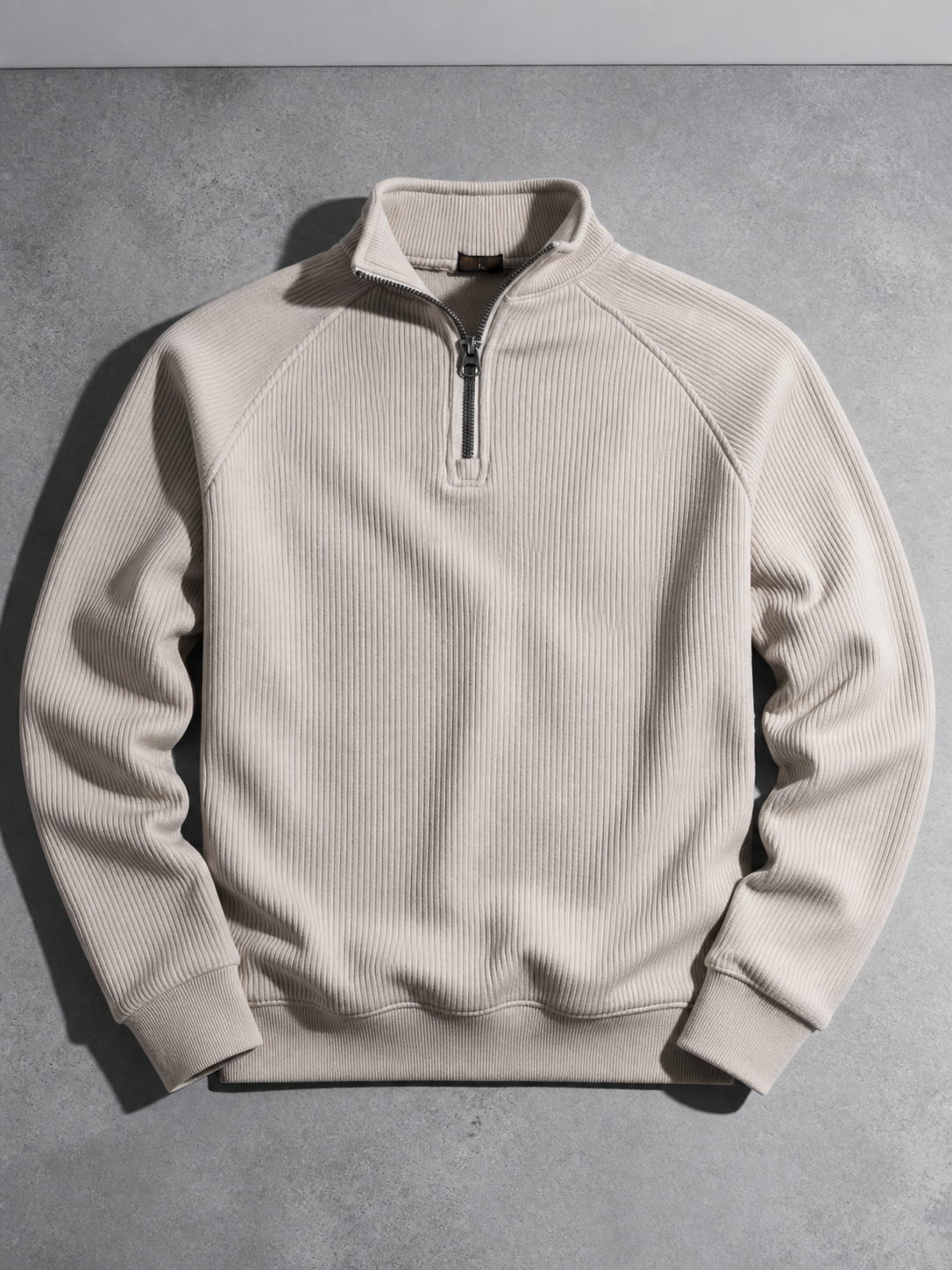 Code Culture catalog | european-and-american-half-zipper-sweater-stand-up-collar-all-match-fleece-mens-sweater-top | apricot | macro flat lay