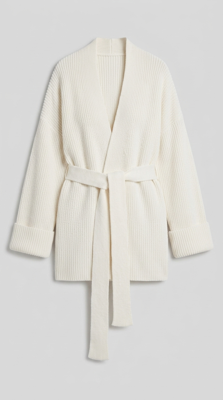Code Culture catalog | cashmere-belt-knitted-cardigan-jacket | white | macro flat lay