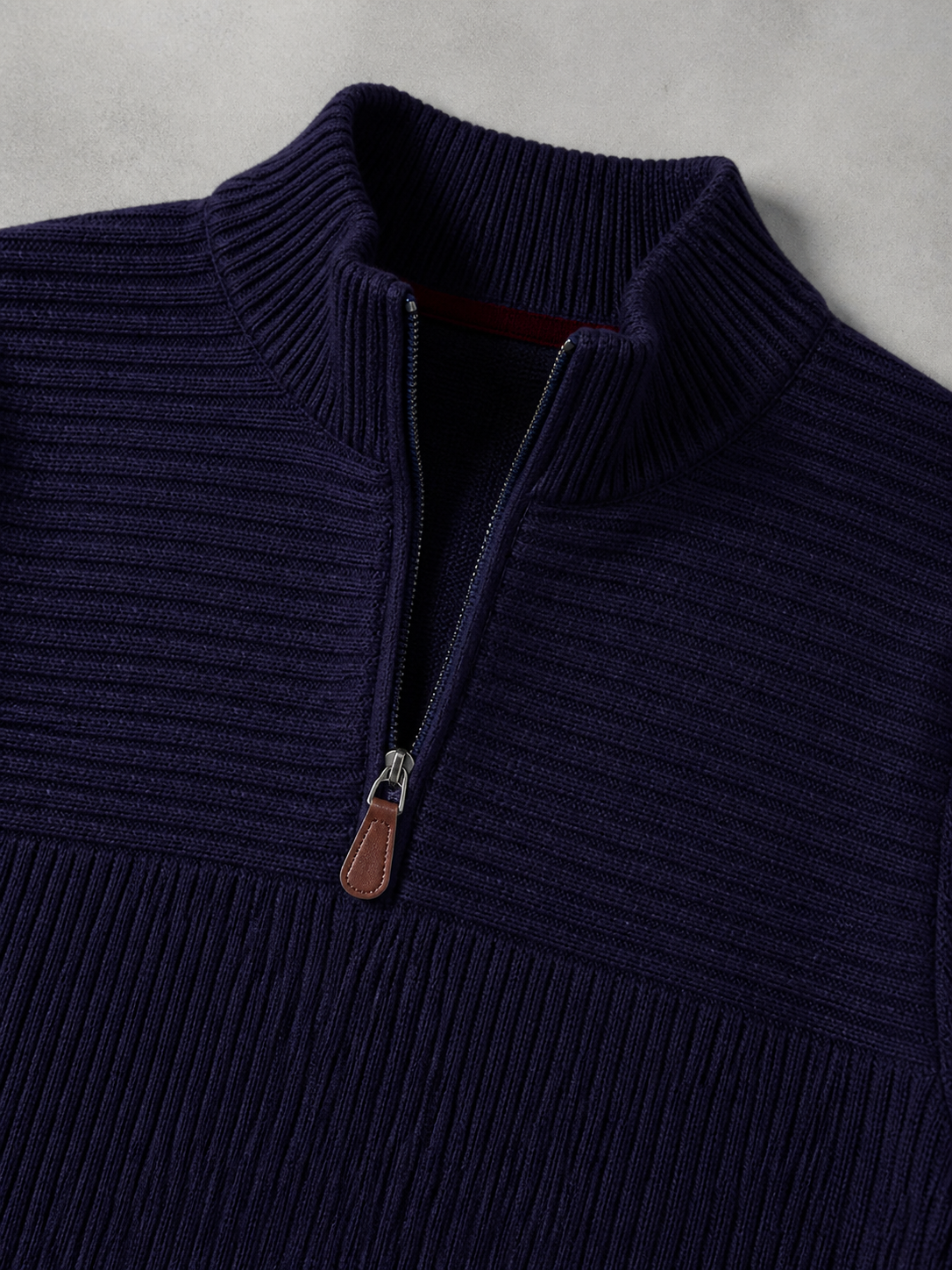 Code Culture catalog | mens-half-zip-stand-up-collar-sweater | navy-blue | macro flat lay