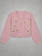 Code Culture catalog | knitted-cardigan-pink-cherry-lazy-retro-gentle-sweater | pink | macro flat lay