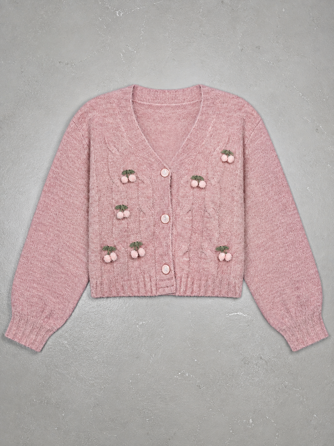Code Culture catalog | knitted-cardigan-pink-cherry-lazy-retro-gentle-sweater | pink | macro flat lay