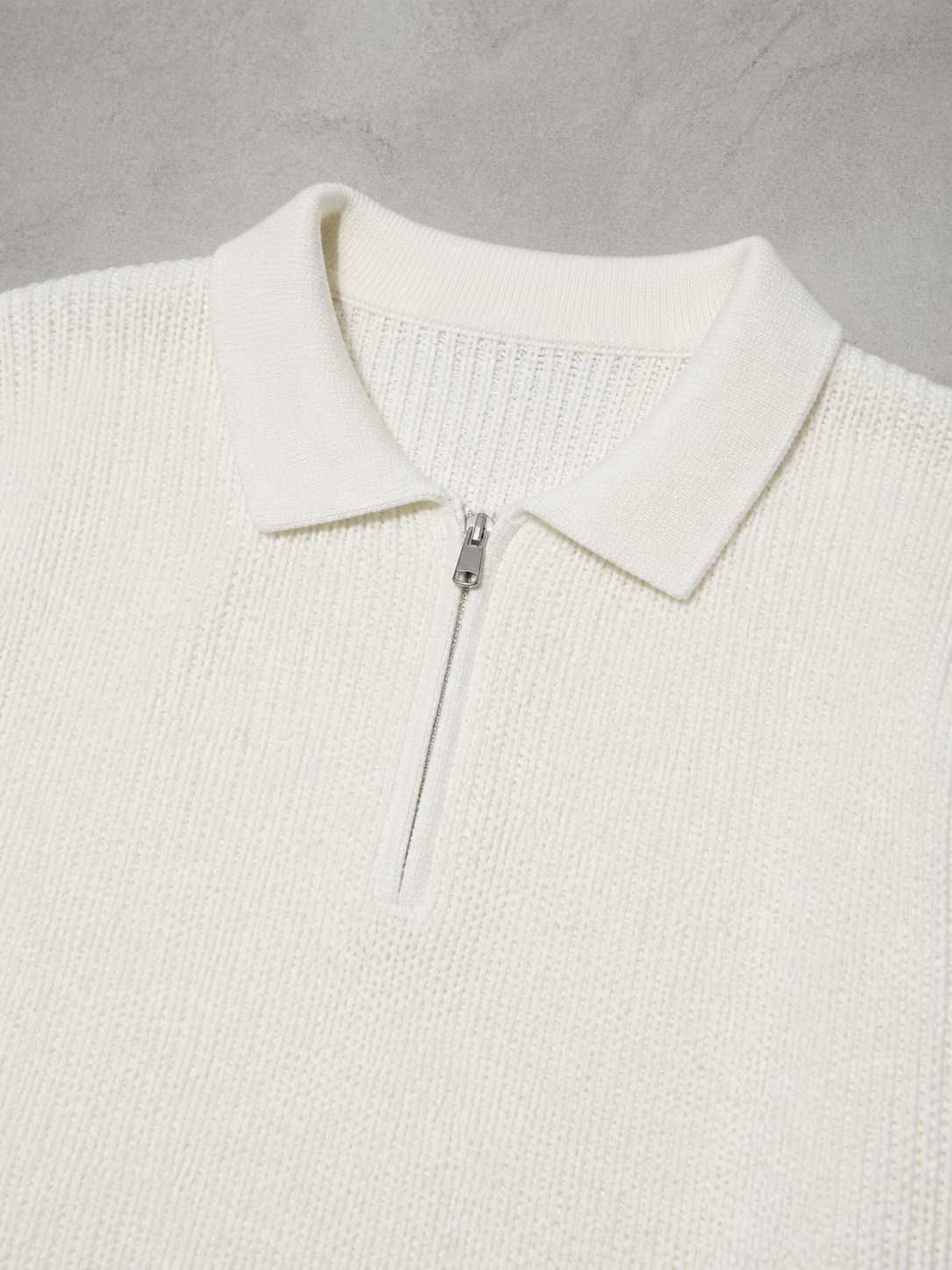 Code Culture catalog | mens-zip-up-polo-knit-sweater | white | macro flat lay