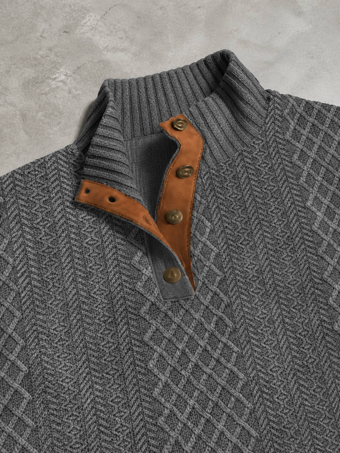 Code Culture catalog | stand-collar-long-sleeve-jacquard-knitted-pullover-sweater | dark-gray-1 | macro flat lay
