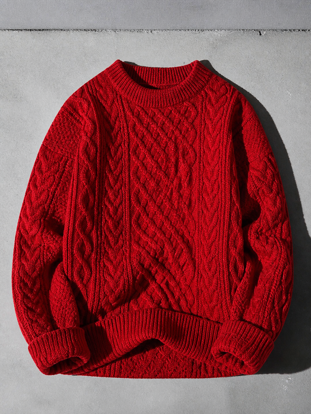 Code Culture catalog | autumn-and-winter-new-mens-twist-sweater-casual-round-neck-pullover-top | red-round-neck | macro flat lay