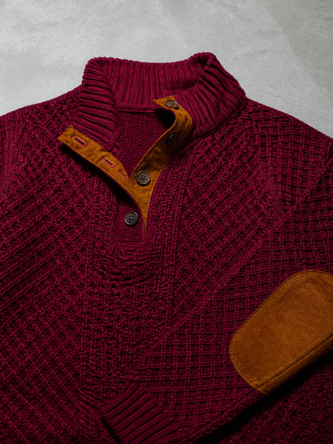 Code Culture catalog | stand-collar-long-sleeve-jacquard-knitted-pullover-sweater | wine-red | macro flat lay