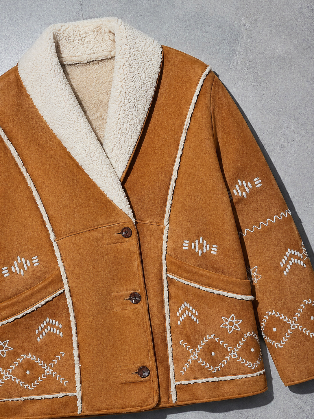 Code Culture catalog | fashion-women-warm-casual-jacket-coat | color-light-brown | macro flat lay