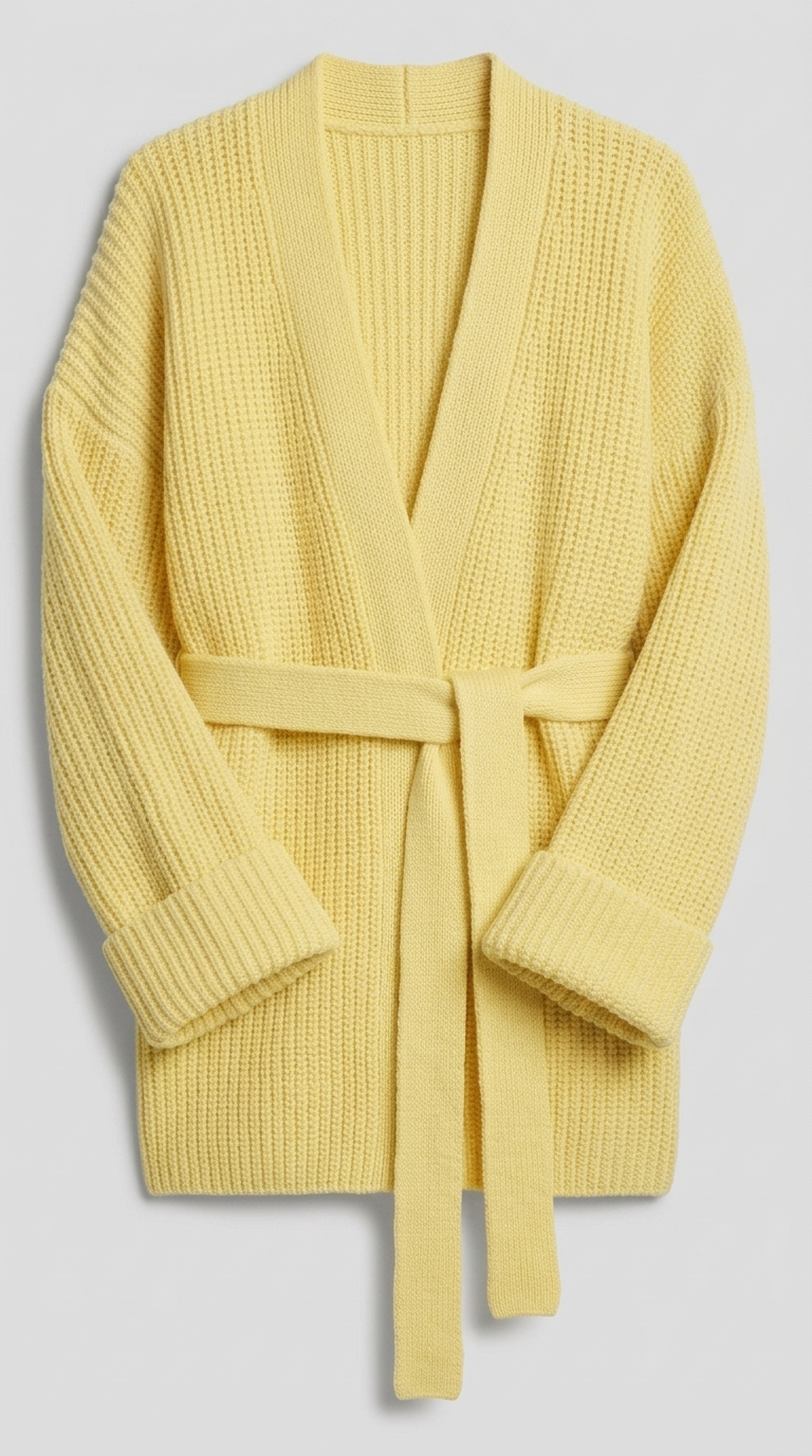Code Culture catalog | cashmere-belt-knitted-cardigan-jacket | yellow | macro flat lay