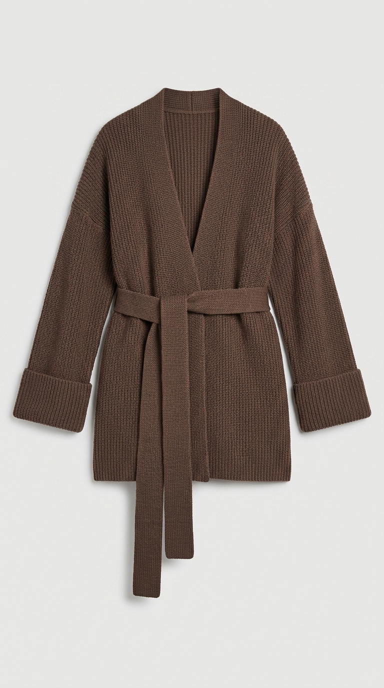 Code Culture catalog | cashmere-belt-knitted-cardigan-jacket | brown | macro flat lay