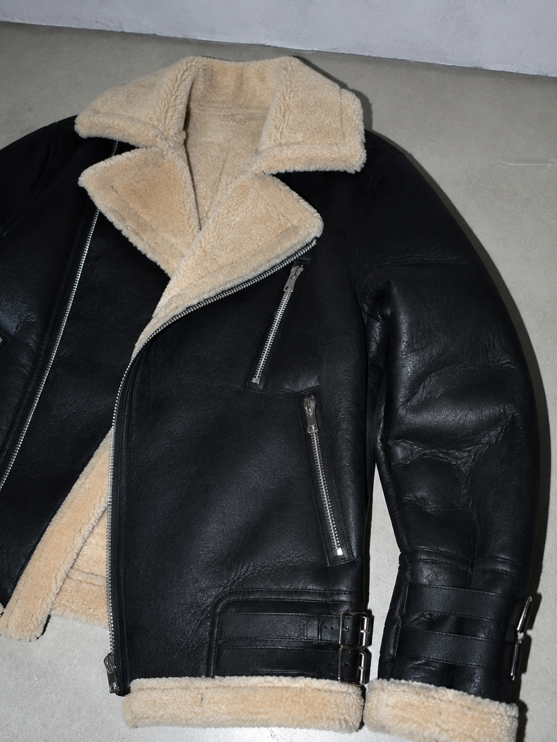 Code Culture catalog | motorcycle-suede-lamb-wool-jacket-womens-lapel-fur-cotton-coat-autumn-and-winter-womens-jacket | color-black | macro flat lay