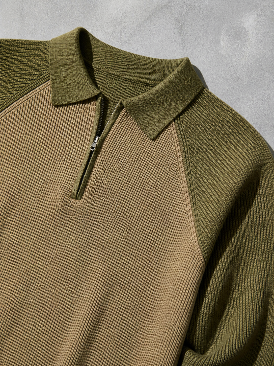 Code Culture catalog | american-casual-half-height-zip-polo-sweater | olive-green | macro flat lay