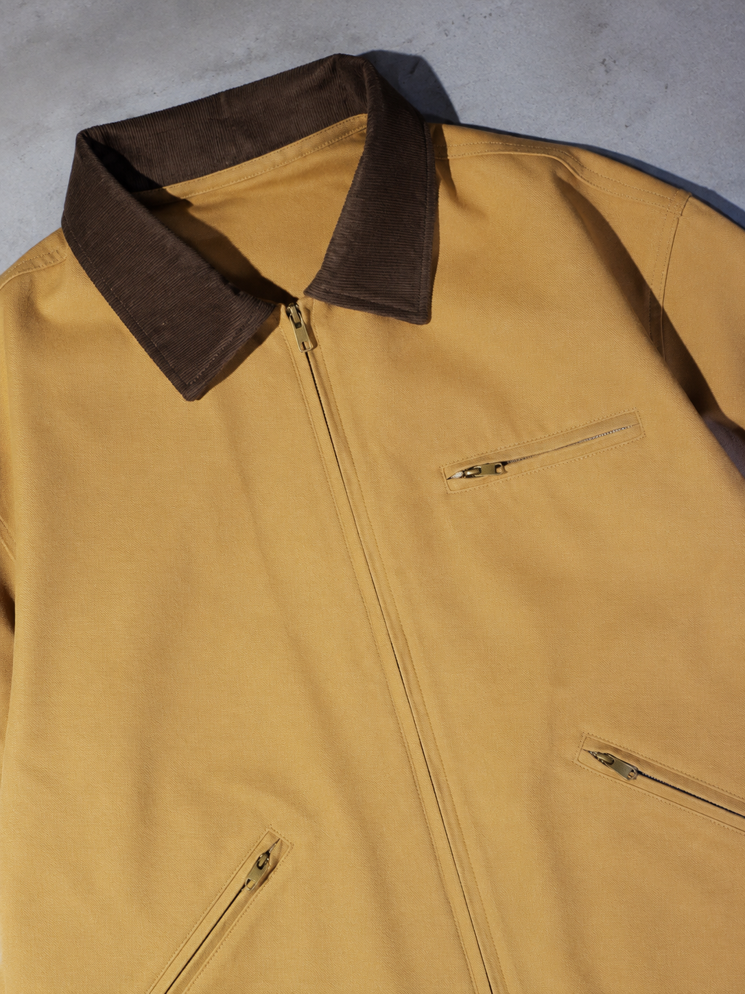 Code Culture catalog | american-workwear-retro-lapel-jacket | color-khaki | macro flat lay