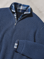 Code Culture catalog | mens-business-casual-loose-zip-stand-collar-sweater | blue | macro flat lay