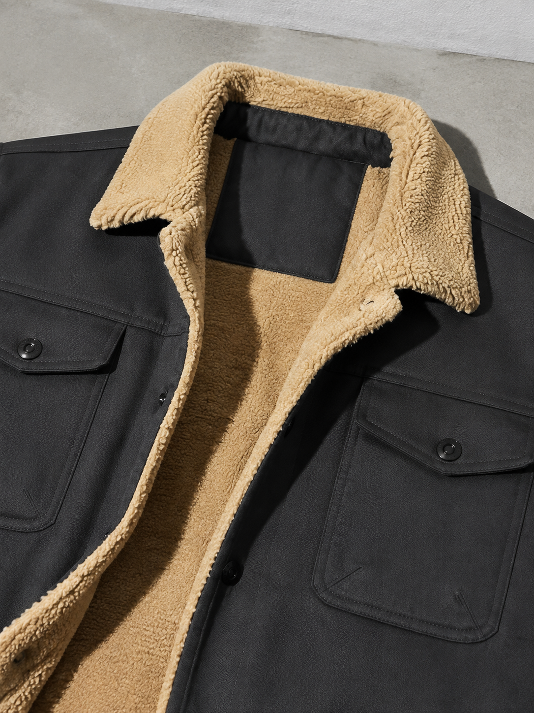 Code Culture catalog | workwear-casual-jacket-mens-coat | color-dark-grey | macro flat lay