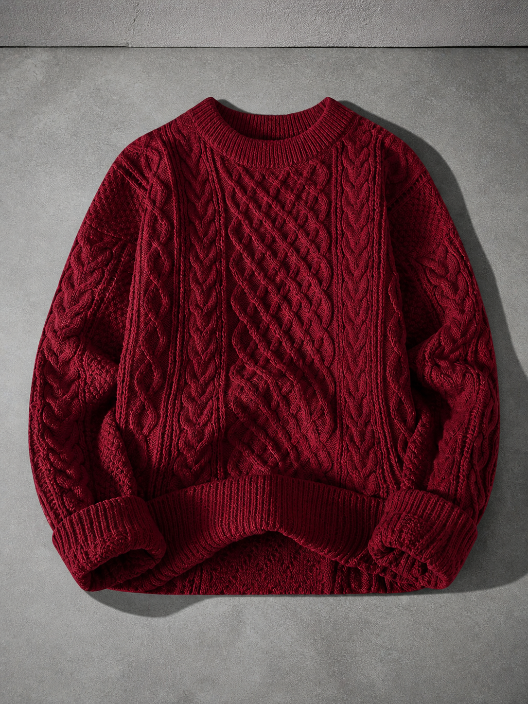 Code Culture catalog | autumn-and-winter-new-mens-twist-sweater-casual-round-neck-pullover-top | winered-round-neck | macro flat lay