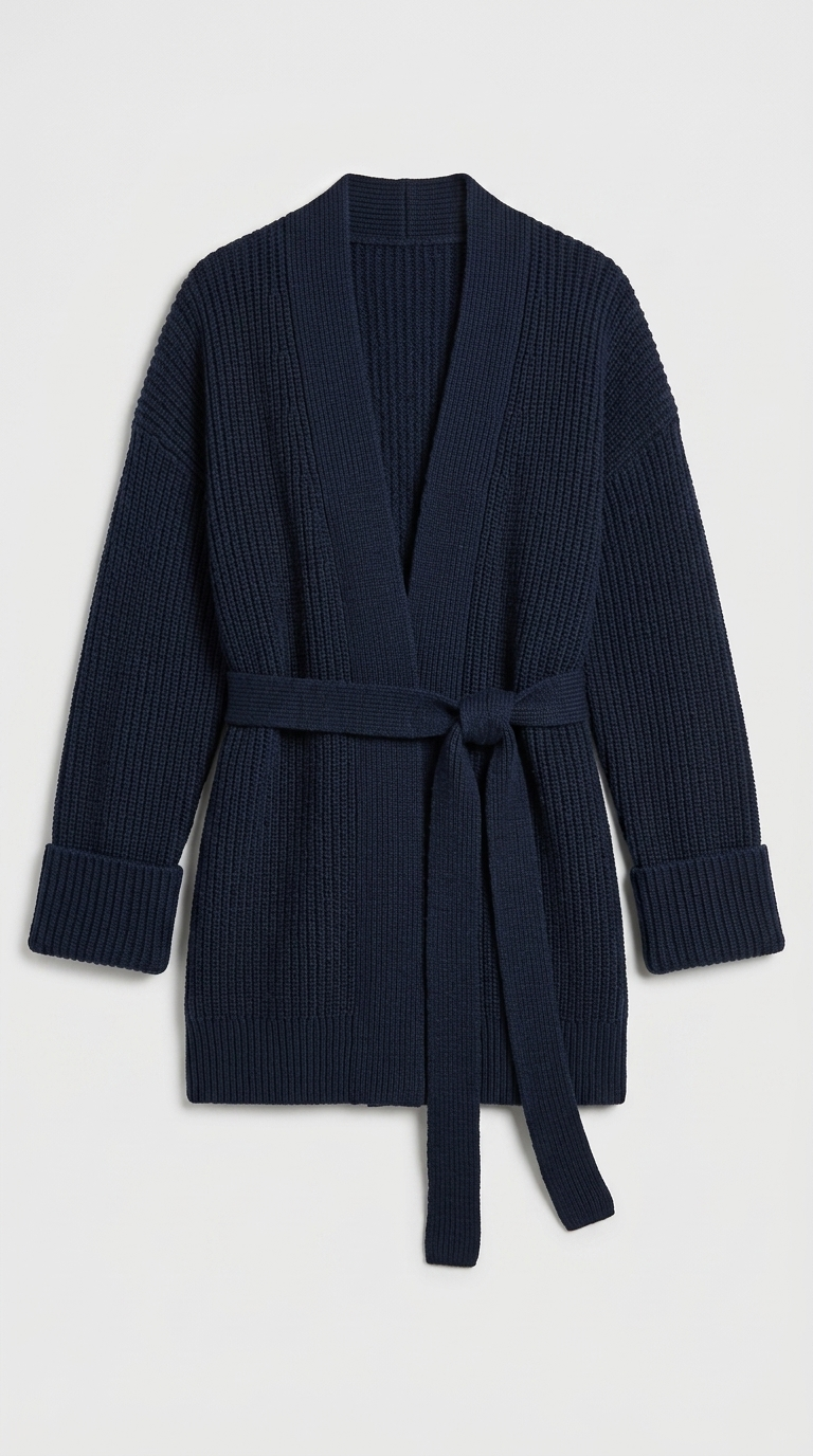 Code Culture catalog | cashmere-belt-knitted-cardigan-jacket | navy-blue | macro flat lay