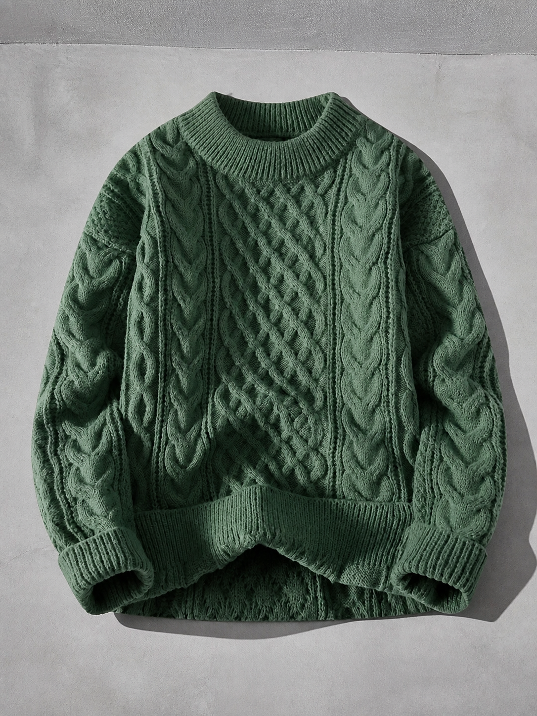 Code Culture catalog | autumn-and-winter-new-mens-twist-sweater-casual-round-neck-pullover-top | green-round-neck | macro flat lay
