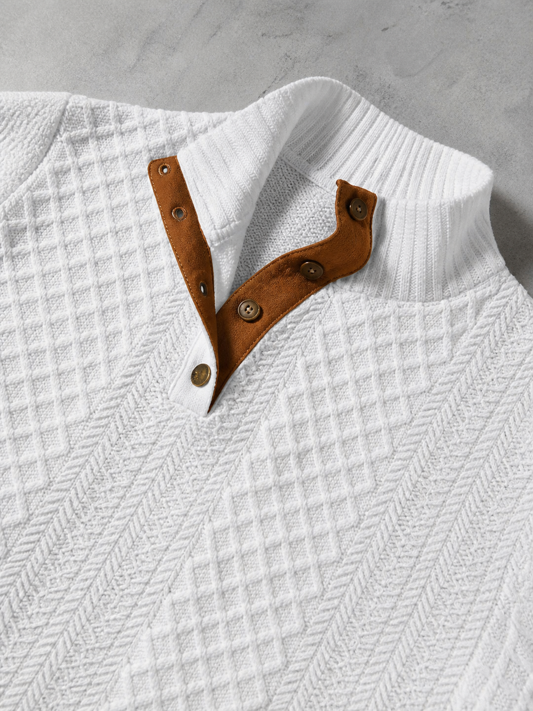 Code Culture catalog | stand-collar-long-sleeve-jacquard-knitted-pullover-sweater | white | macro flat lay
