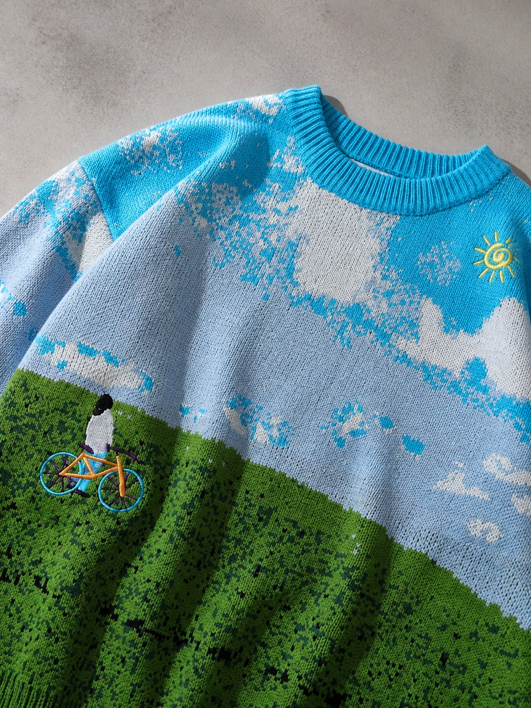 Code Culture catalog | brand-landscape-jacquard-sweater | blue | macro flat lay