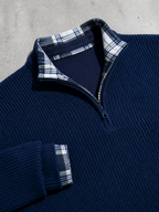 Code Culture catalog | mens-business-casual-loose-zip-stand-collar-sweater | navy-blue | macro flat lay