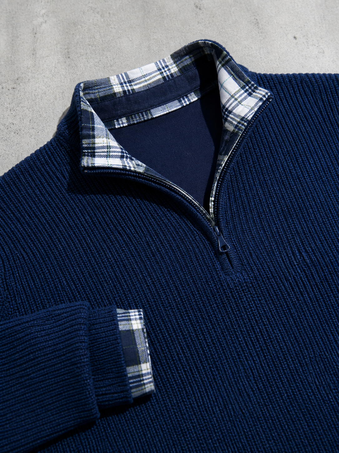 Code Culture catalog | mens-business-casual-loose-zip-stand-collar-sweater | navy-blue | macro flat lay
