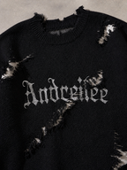 Code Culture catalog | new-personality-street-jacquard-ripped-frayed-vintage-loose-sweater | black | macro flat lay