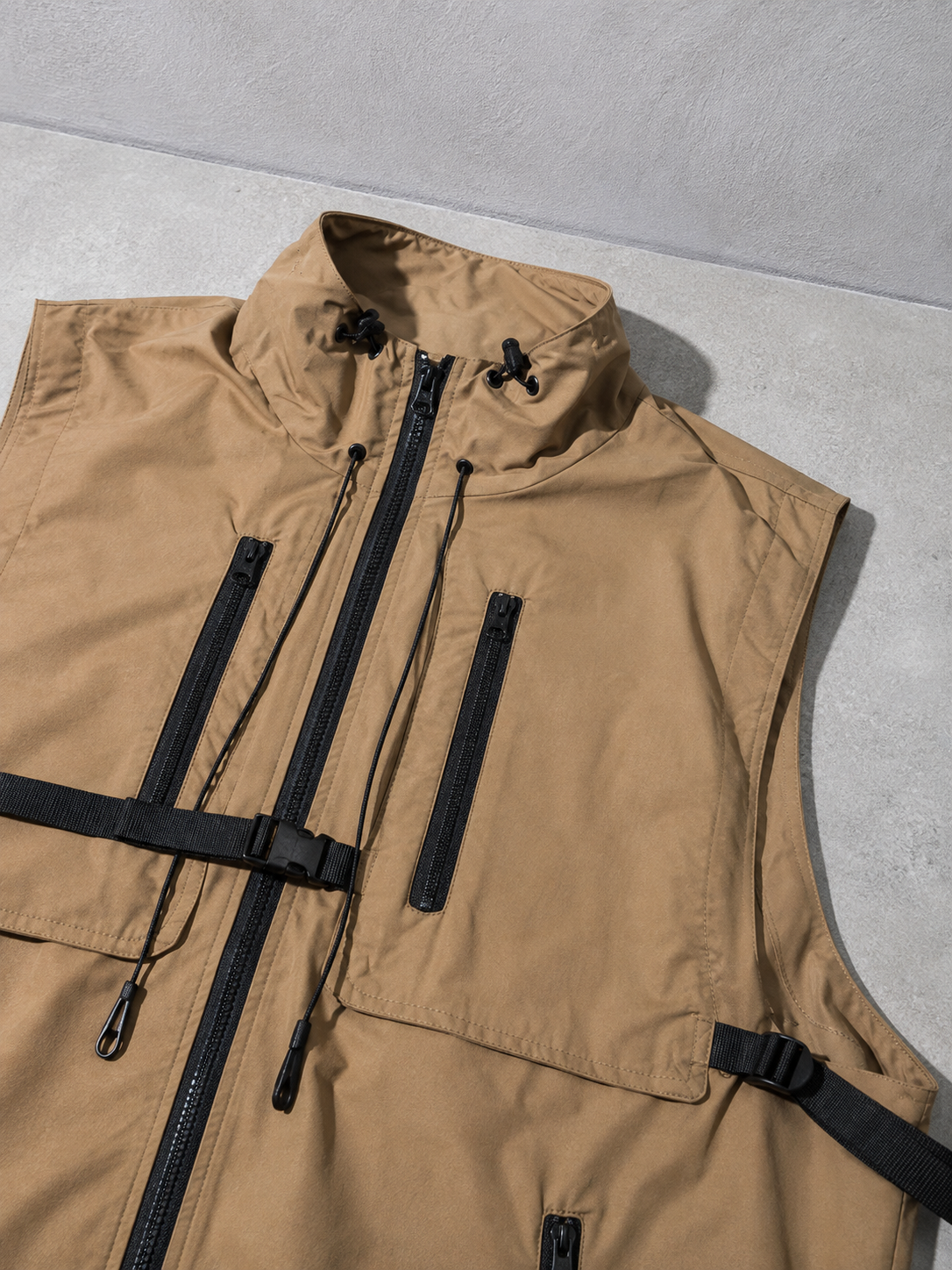 Code Culture catalog | stand-collar-workwear-vest-baggy-coat | color-khaki | macro flat lay