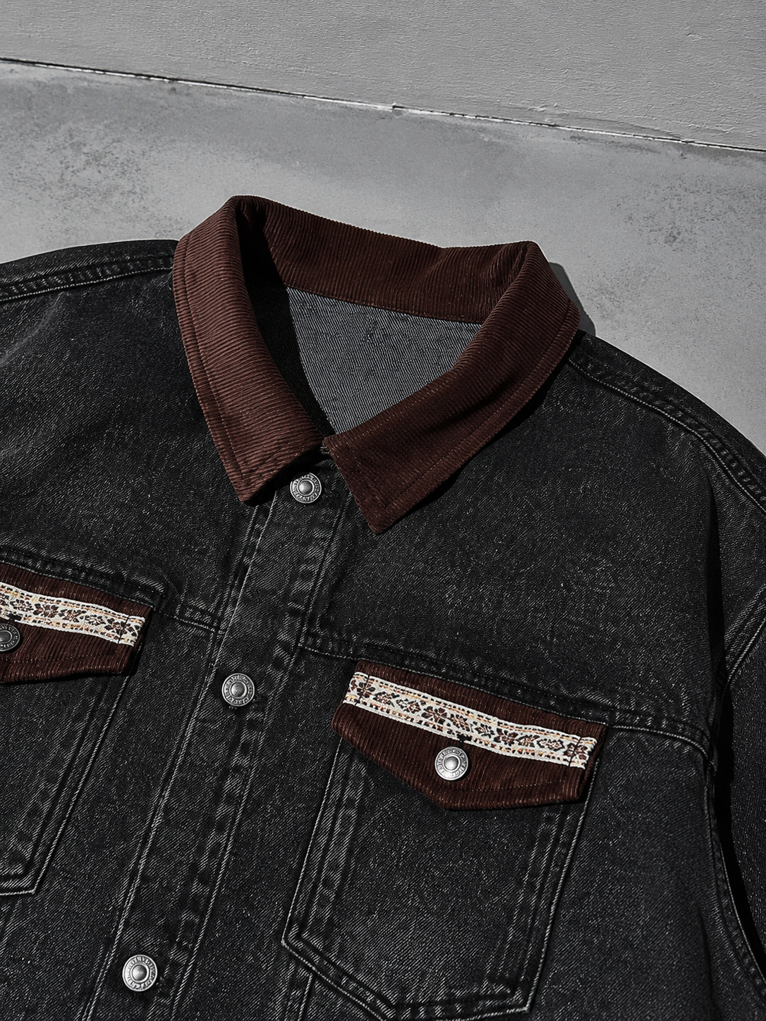 Code Culture catalog | punk-loose-wash-distressed-denim-jacket | color-black | macro flat lay