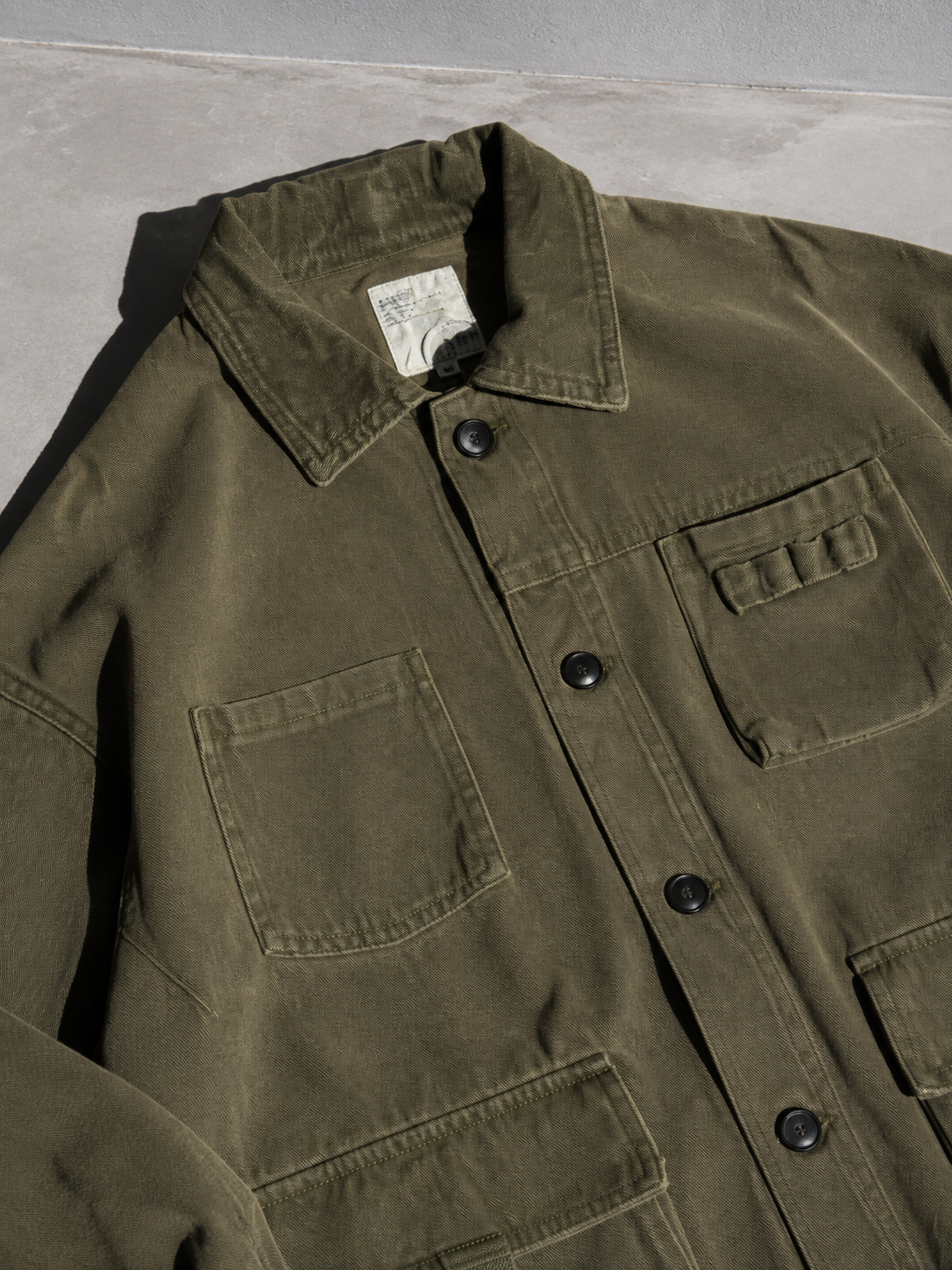 Code Culture catalog | mens-corduroy-collar-loose-workwear-jacket | color-army-green | macro flat lay
