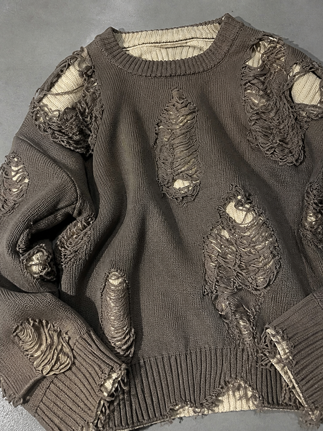 Code Culture catalog | ripped-sweater-mens-minority-all-match-idle-style | gray | macro flat lay