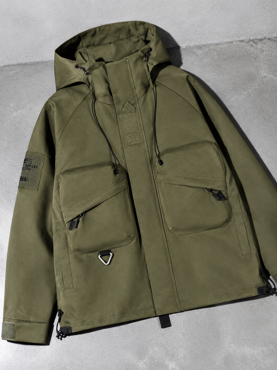 Code Culture catalog | mens-outdoor-workwear-versatile-casual-windbreaker-jacket | color-army-green | macro flat lay