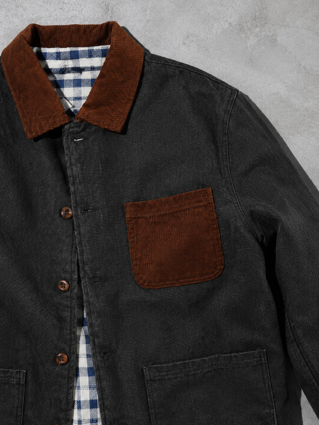 Code Culture catalog | retro-style-workwear-cotton-corduroy-jacket-coat | color-gray | macro flat lay