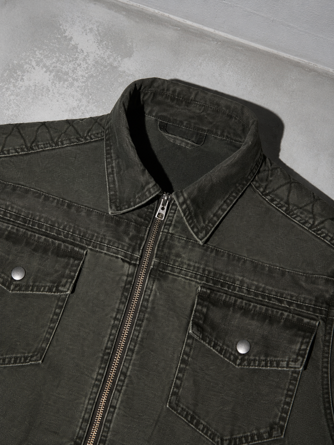 Code Culture catalog | retro-short-zip-up-washed-workwear-jacket | color-army-green | macro flat lay