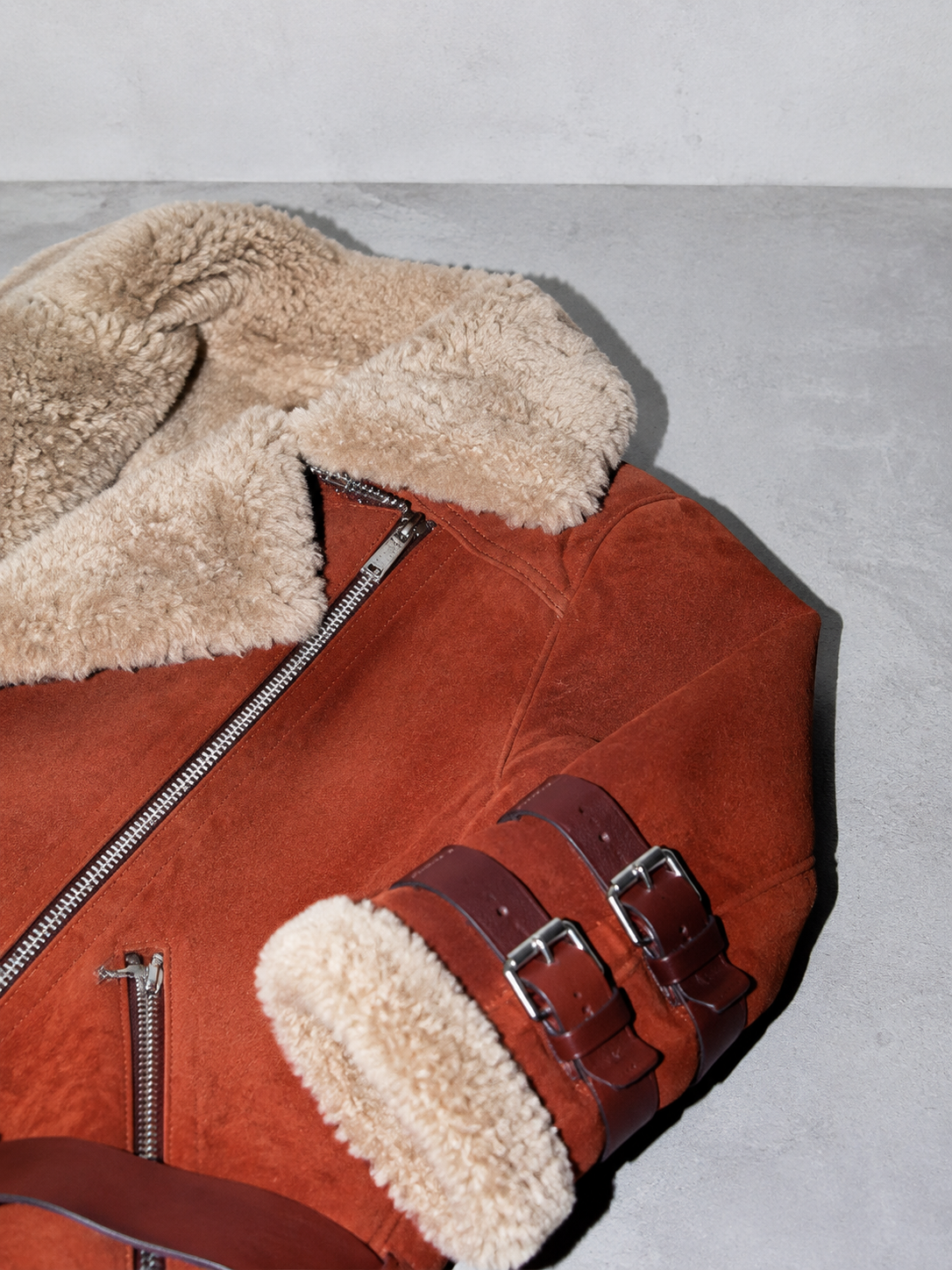 Code Culture catalog | motorcycle-suede-lamb-wool-jacket-womens-lapel-fur-cotton-coat-autumn-and-winter-womens-jacket | color-brick-red | macro flat lay