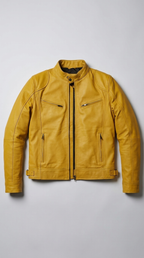 Code Culture catalog | mens-cardigan-zip-leather-jacket | yellow | macro flat lay