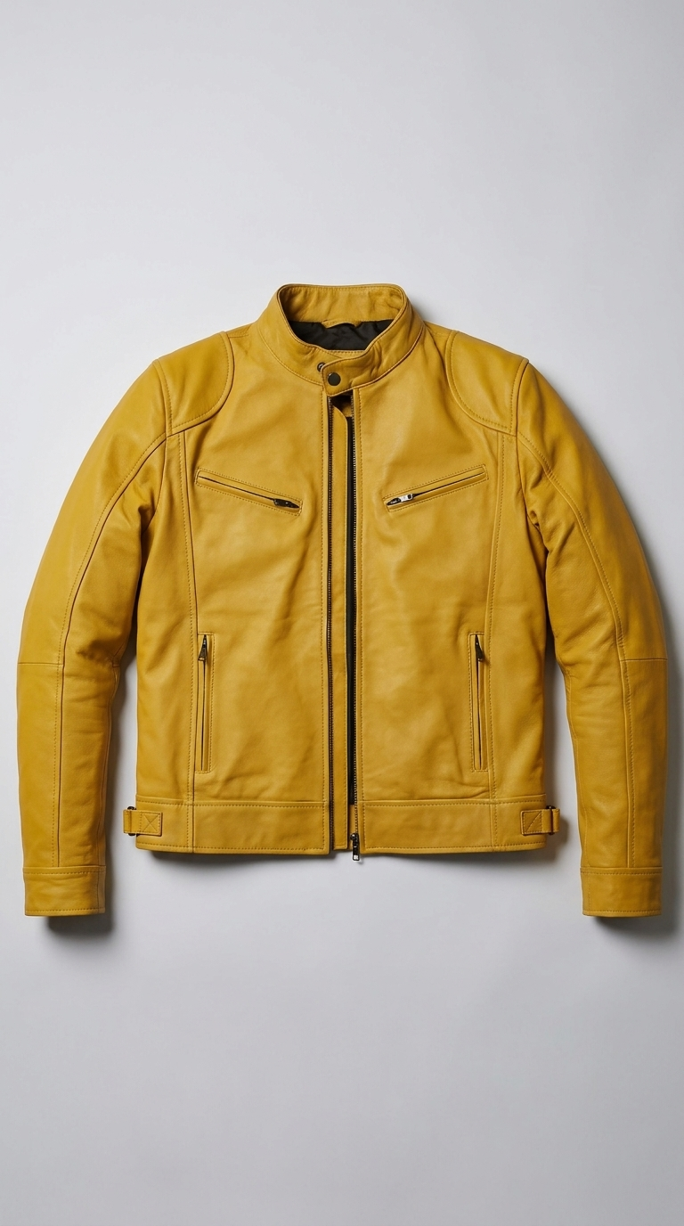 Code Culture catalog | mens-cardigan-zip-leather-jacket | yellow | macro flat lay