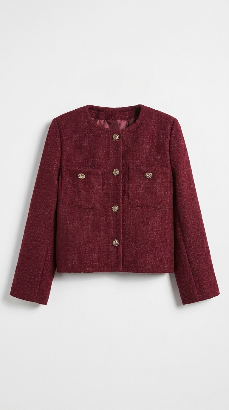 Code Culture catalog | womens-tweed-cardigan-coat | wine-red | macro flat lay